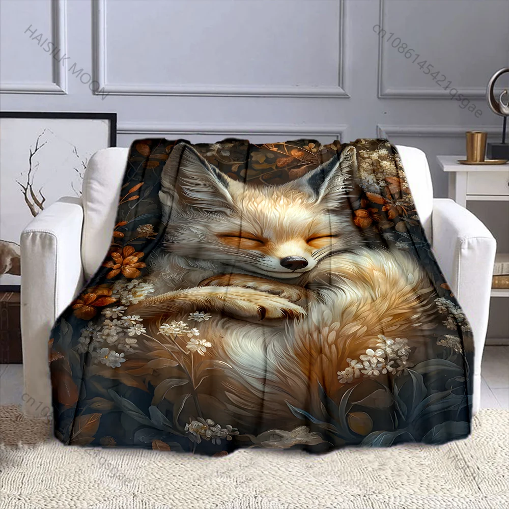 

1PC Sleeping Fennec Fox and Flowers Print Blanket Flannel Material Soft Warm for All Seasons Home Outdoor Camping Picnics RV