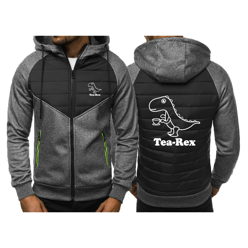 

2025 Spring Autumn Tea Rex Funny Dinosaur Drink Coffee Print High Quality Splice Cotton Jacket Mens Long Sleeve Comfortable Coat