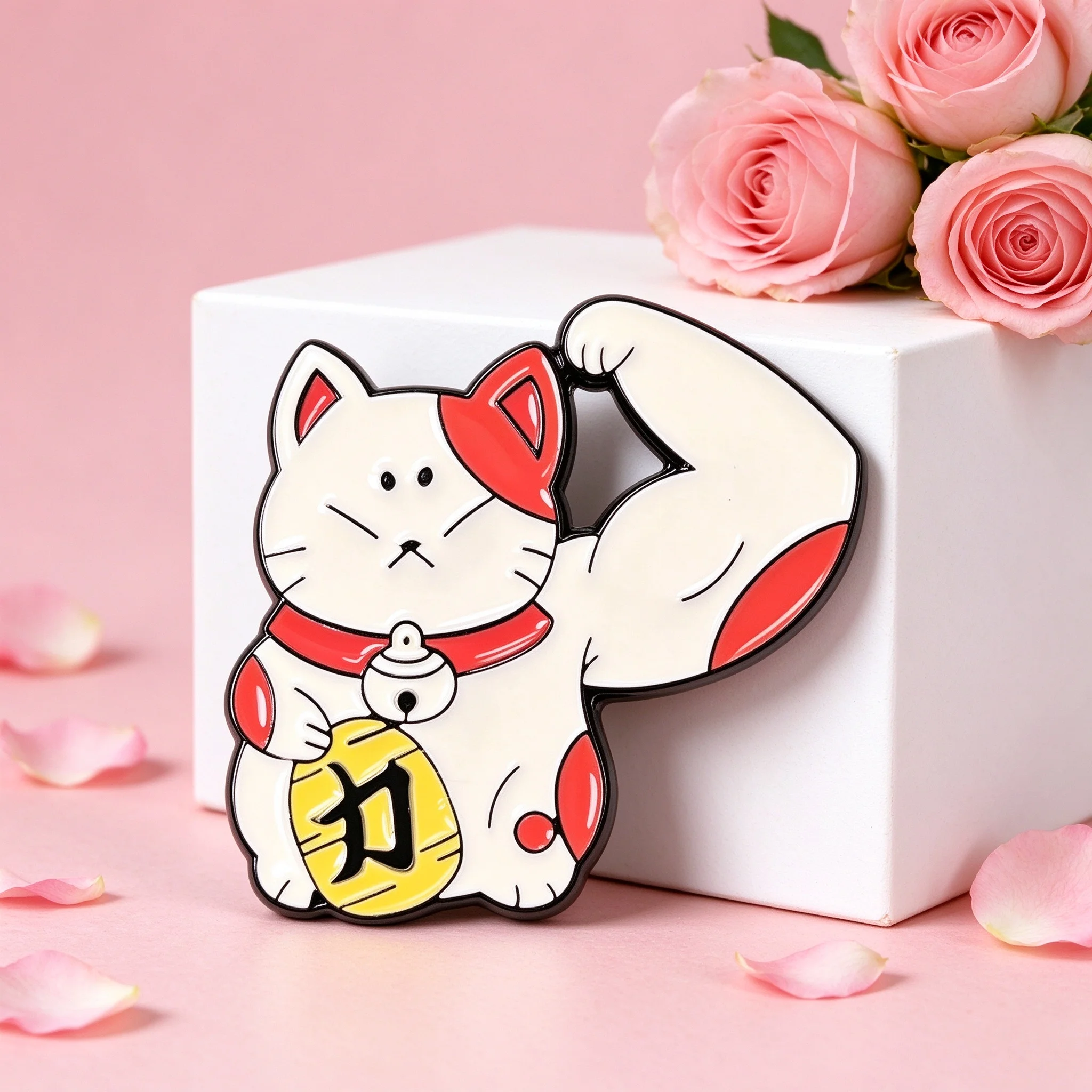 Muscular Lucky Maneki Neko Cat Flexing Bicep Red White Enamel Brooch, Bell Strength Coin, Power Badge for Backpack, Funny Gift,