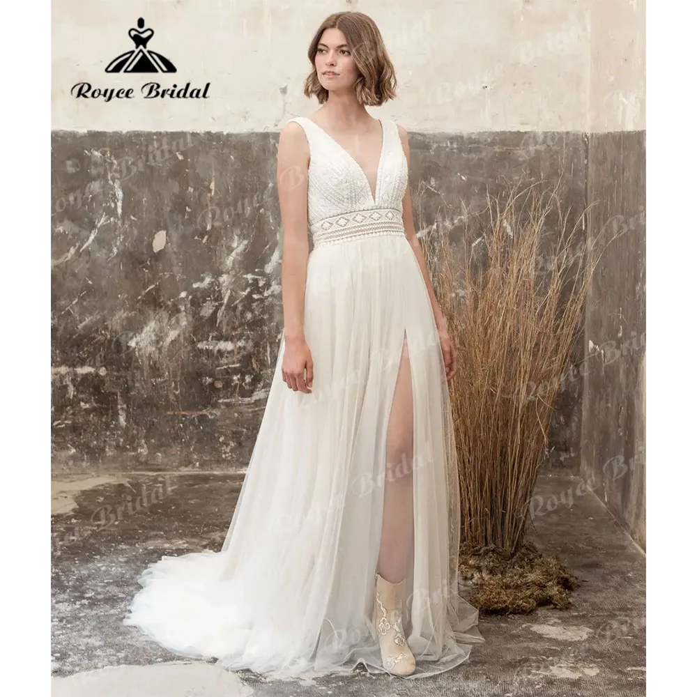 Vestido de novia de encaje con escote en V para mujer, traje bohemio sin mangas con abertura lateral, espalda abierta, 2024