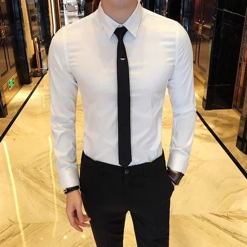 New Men's Fashion Boutique Solid Color Official Business Long-sleeved Shirts / Men's Slim Wedding Dress Long Sleeve Shirts