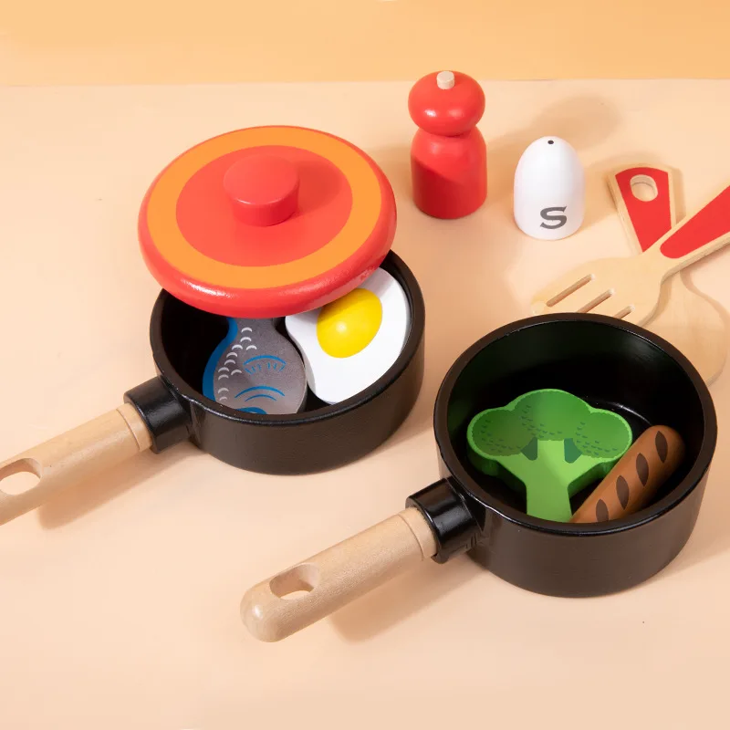 Kids Pretend Play Simulation Kitchen Toys Wooden Cooking Pot Pan Set Imitation Game Tableware Role Play Toy for Girls Children