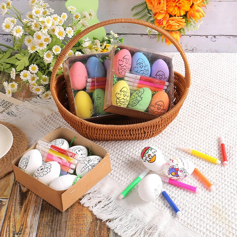 6 Stück DIY Ostereier zum Bemalen mit 6 Farbstiften, Doodle-Set, Osterei-Malset für Fröhliche Osterparty, Kindergeschenk