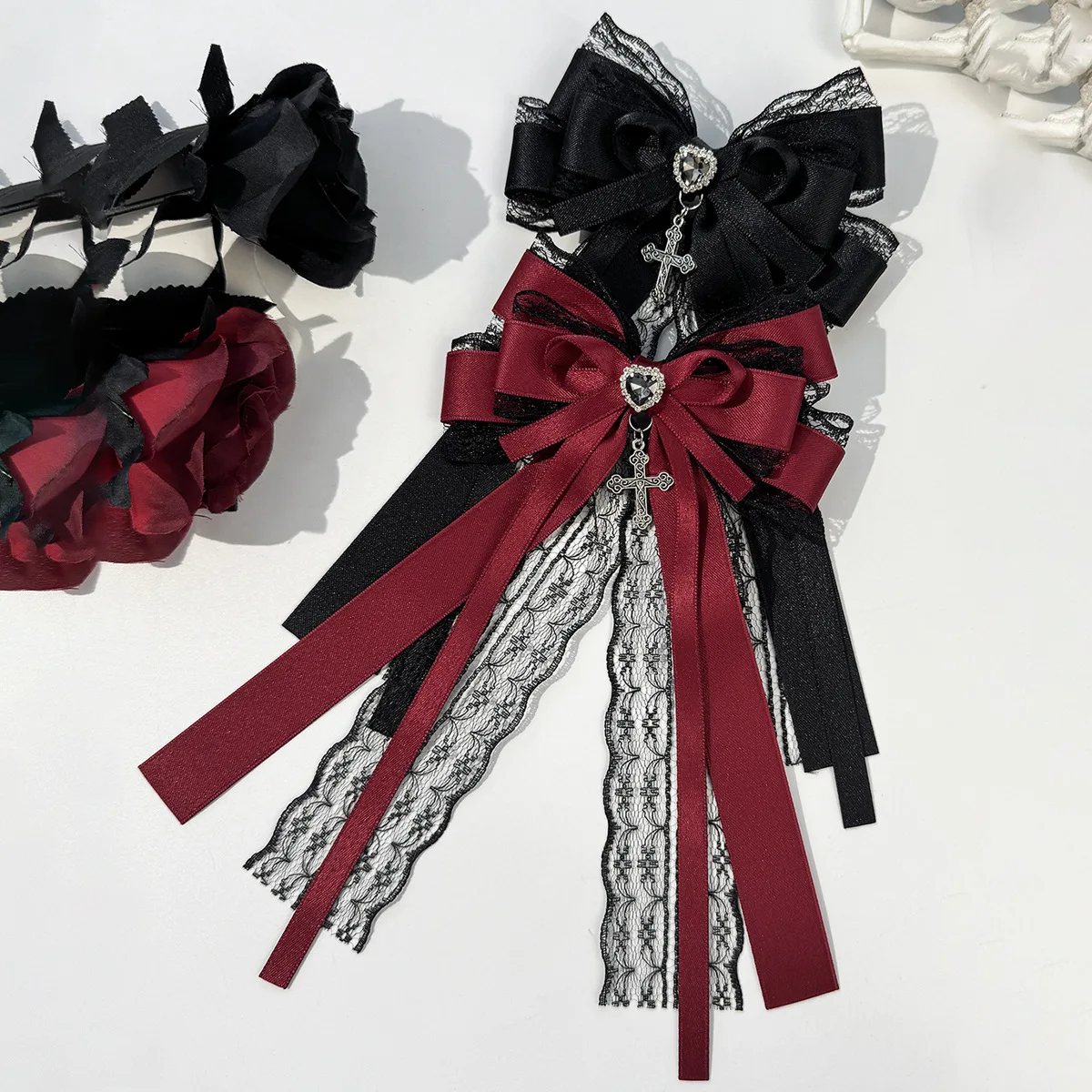 20 Pcs/Lot, Ladies' Dark Lolita Gothic style Lace Ribbon Bow Hair Clips For Women Y2K Long Tassel Hairpins Barrettes