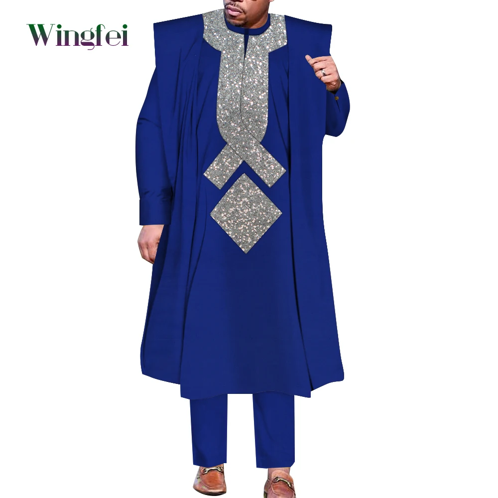 Afrikanische Männer Boubou Dashiki Agbada Robe Anzüge 3 Stück Setzt Schlanke Männer Afrikanische Outfit Nigerian Kleidung Bazin Riche Robe WYN1361