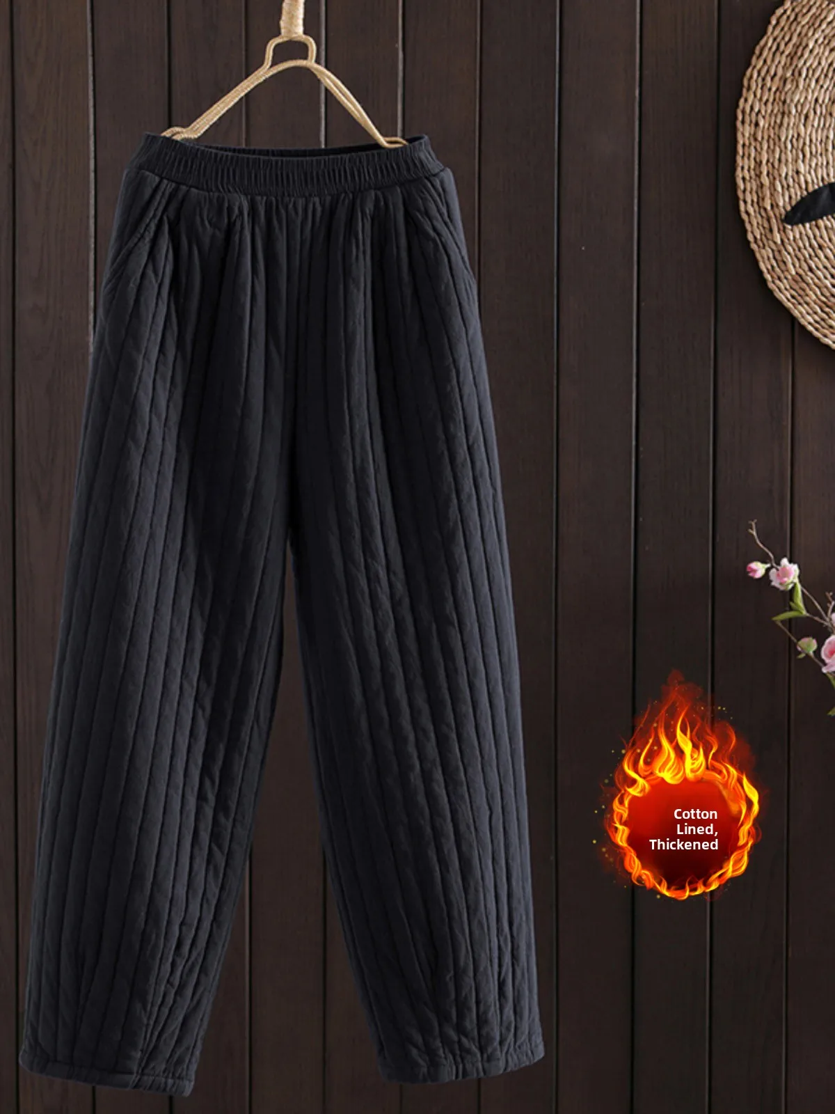 Thiened Cotton Linen Casual Pants High Waist Trousers for Women plus Size Outerwear Warm Pants with ket Commute Sle