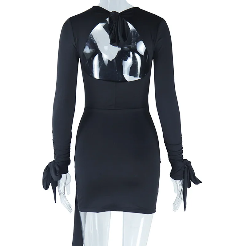 Bangniweigou 풀 슬리브 섹시한 컷 v 넥 백 레스 스트랩 미니 드레스 여성 봄 캐주얼 bodycon 화이트 리본 cinched streetwear