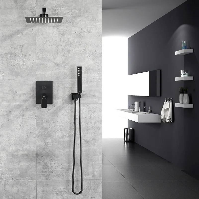 Bathroom Shower Set Black/Brushed Gold Square Rainfall Wall or Ceiling Wall Mounted Mixer 12