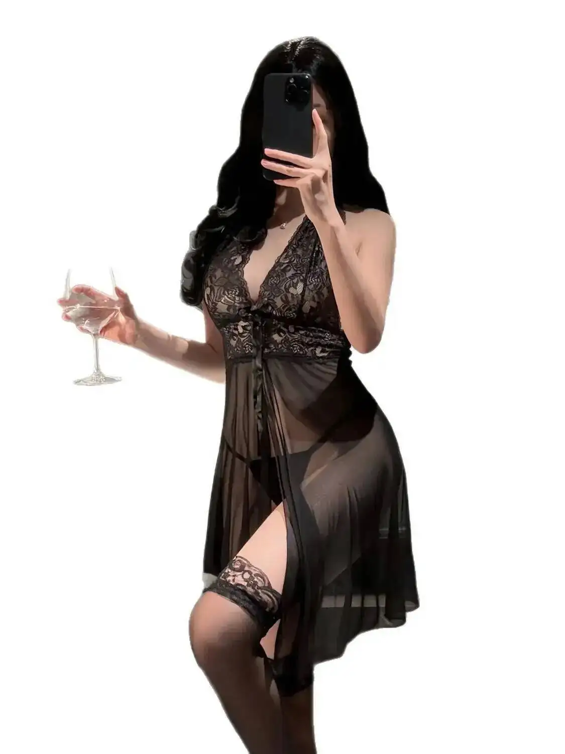 مثير الدانتيل شبكة بروتيل باس النوم الأرجواني انظر من خلال الجوف خارج ثوب النوم فستان ساخن أنيق الأرجواني الحلو فستان قصير YFI0