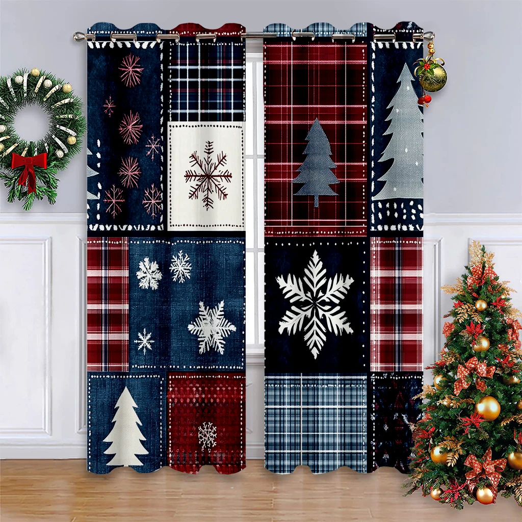 2pcs Christmas Decorative Curtains, Vintage Plaid And Snowflake Print Curtains, 100% Polyester, Festive Party Decor.