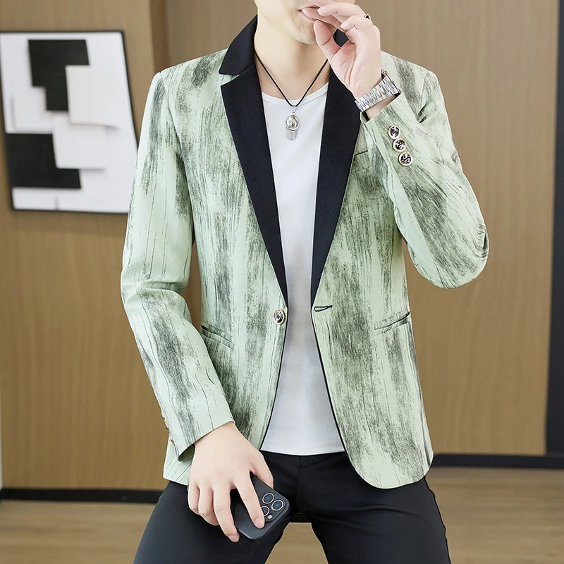 High-Quality Fashionable Handsome Spring Autumn New Chinese Style Color Block Water Washed Men's Wedding Suit Jacket