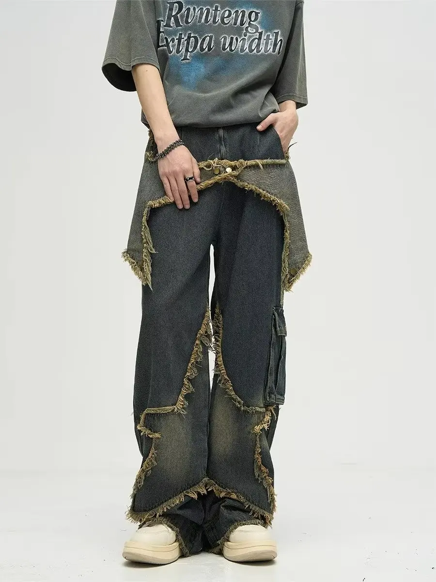 Y2k Vintage Star Splice Blue Jeans amerikanische Frauen hohe Taille weites Bein Baggy Pants lässig Punk Hip Pop Herbst Mode Hose