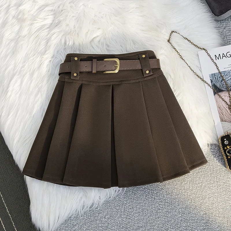 Vintage Woolen Mini Skirt Women with Belt Black Pleated Skirts Fall Winter Korean Preppy High Waist All Match A Line Skirt New