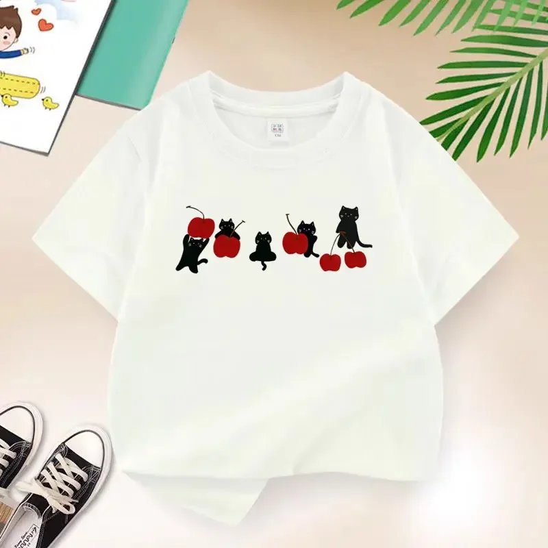 Kid Short Sleeve T Shirt Cute Little Black Cats Playing With Red Cherries Pattern Print O-Neck Tee Lovely Cartoon Kid Casual Top