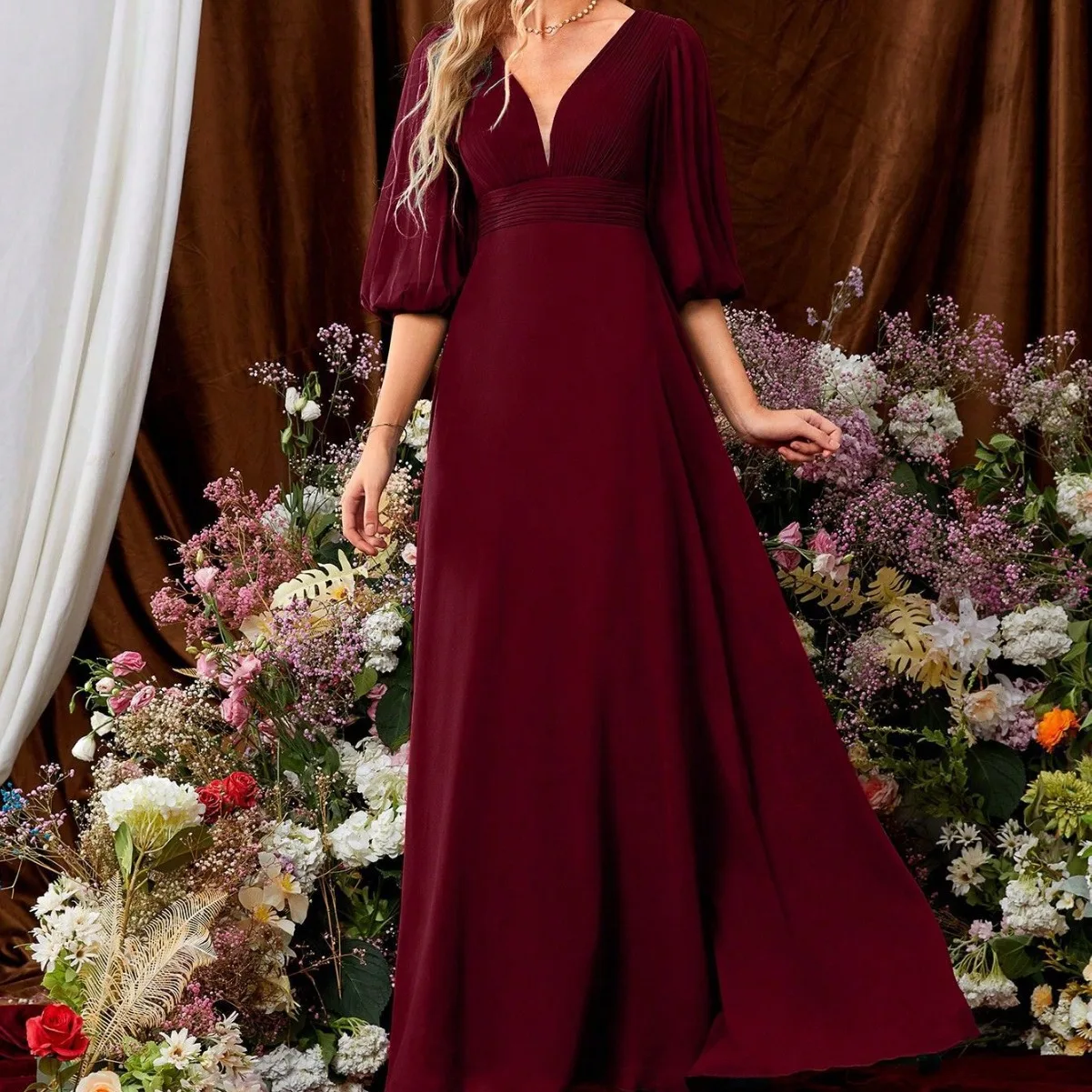 ชุดราตรีผ้าชีฟอง 2024 รุ่น Chiffon Dr Summer ขายดีข้ามประเทศ ชุดเดรสกำมะหยี่เอวต่ำ คอกลมสำหรับผู้หญิง