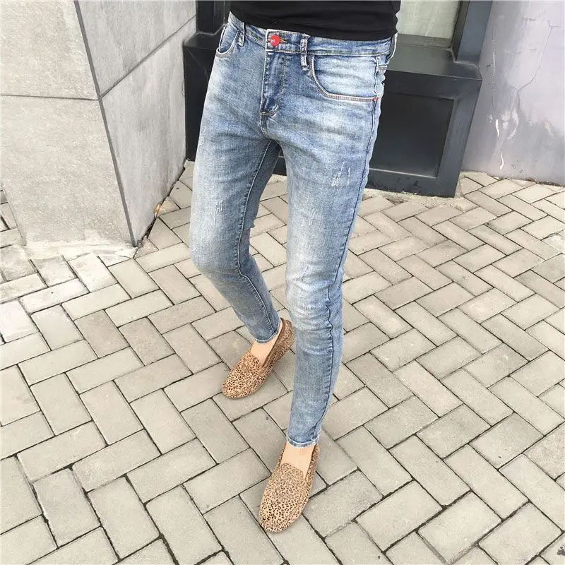 

Pants Men Summer Korean Trend Washed Retro Slim Fit Small Feet Denim Jeans Men Social Spirit Guy Leggings Designer Men's Jeans