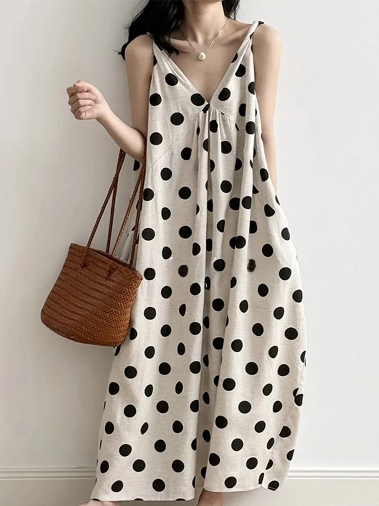 

Платье женское ROUJE KEFSS в горошек с V-образным вырезом, летнее, свободное, стройнящее, А-силуэт, длинное, повседневное, комфортное, подходит для любой фигуры