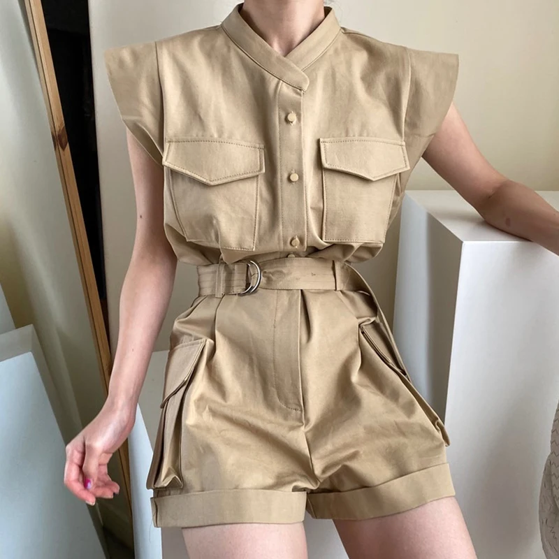

Retro Chic High Waist Workwear Sle Jumpsuit with Stand Collar Single Button Belted Waist And Puffy Sves Women's Faion