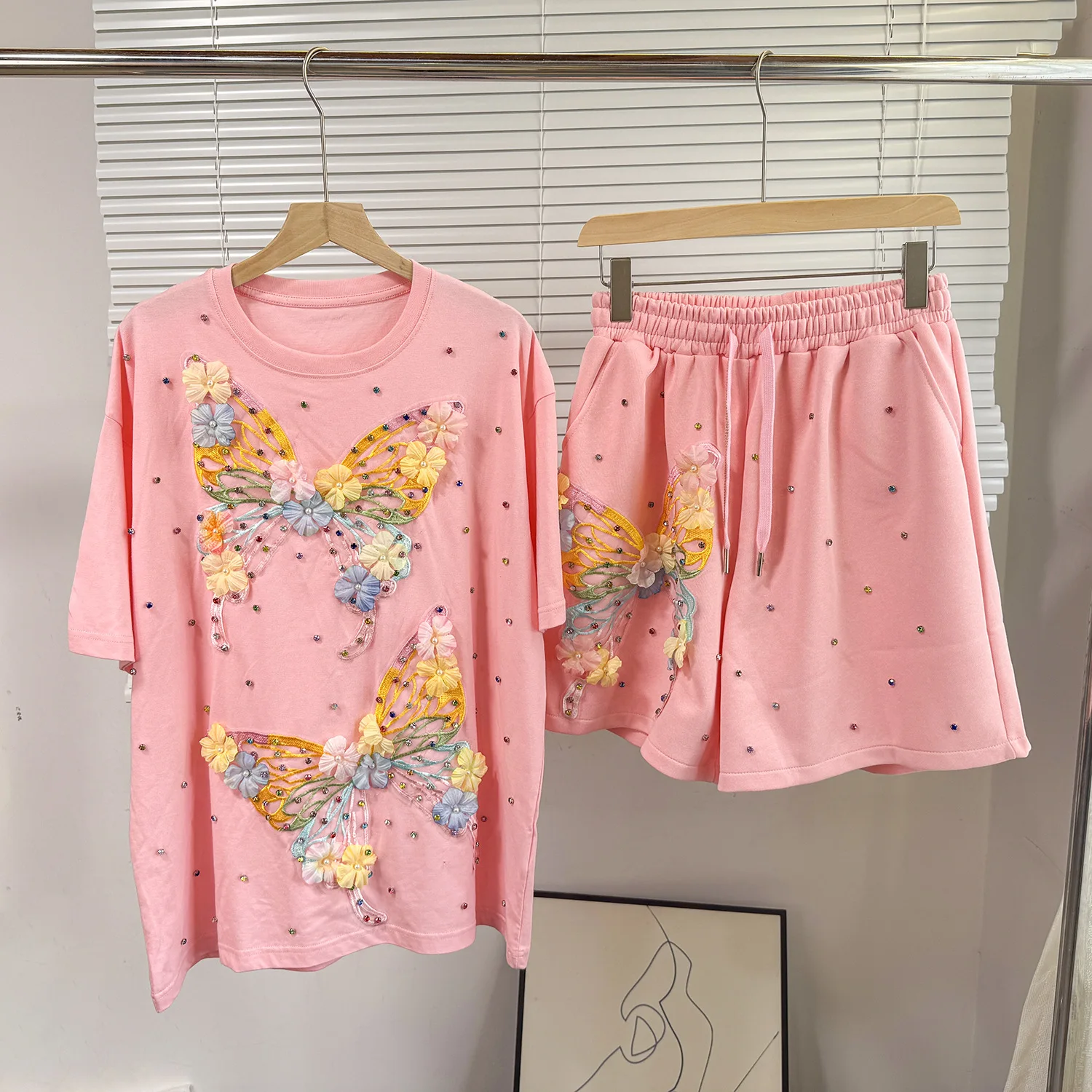 

Pant Set Women Two Piece Sets Round Neck Shirt Wide Leg Short Pants Beaded Butterfly Lace Up Elastic Waist Y2k Streetwear 2026