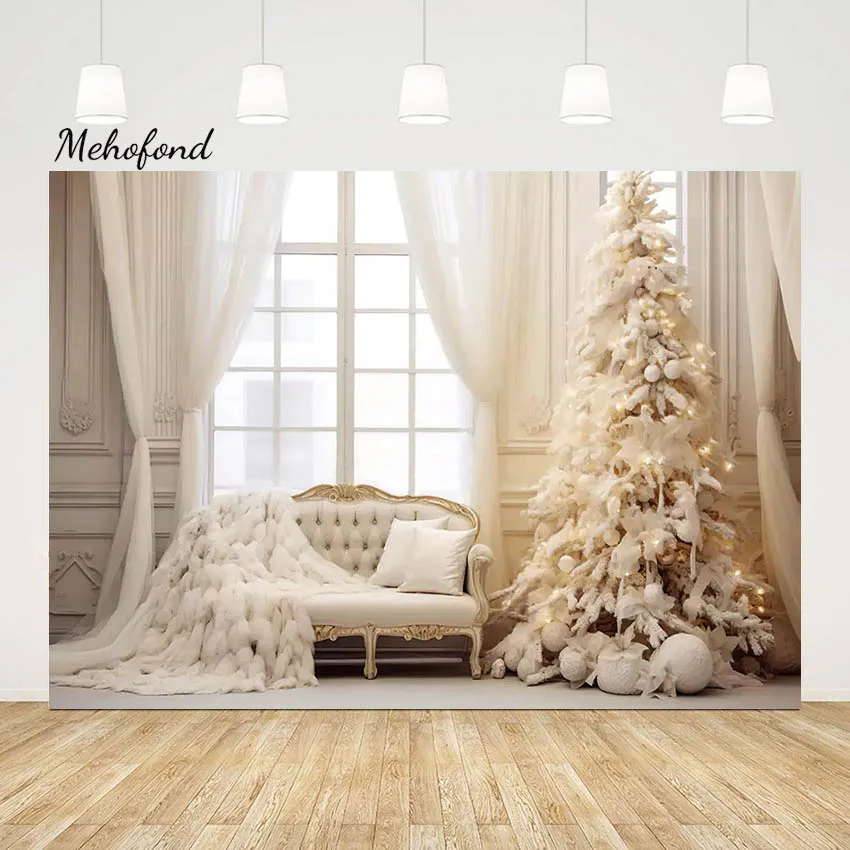Mehofond-cortina de ventana de Navidad, telón de fondo para fotos, fiesta familiar, Interior, árbol de Navidad, purpurina, sofá, almohada, decoración, Fondo de fotografía