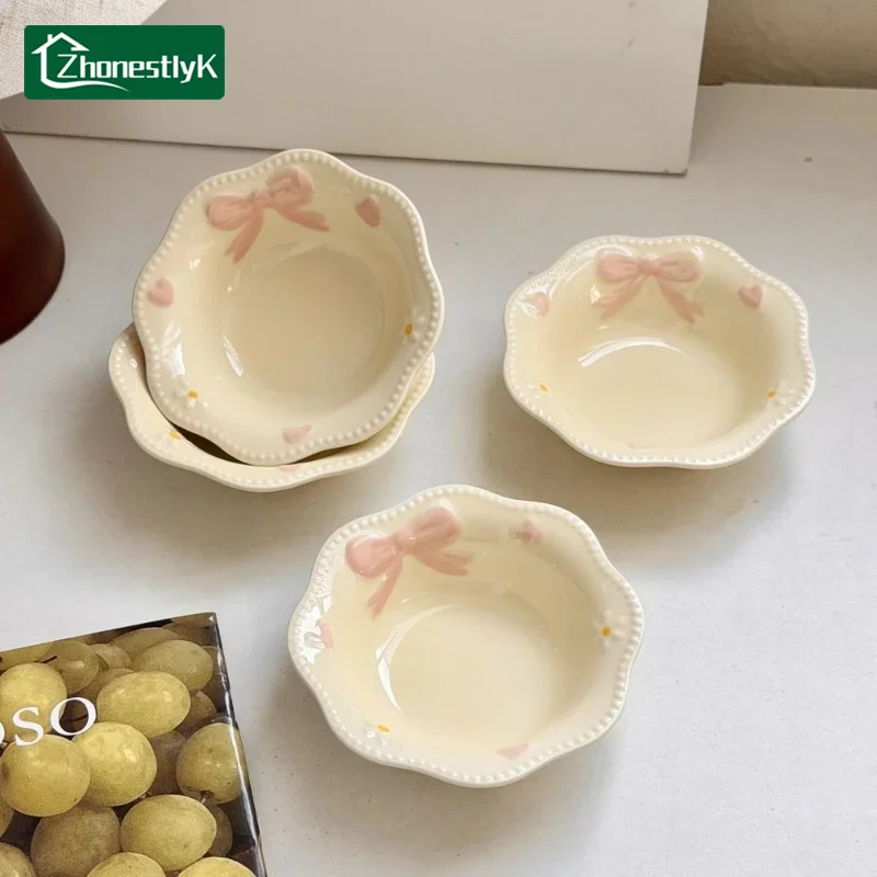 4Pcs Cream Style Relief Bowknot Ceramic Bowl Kawaii Anti-scald Soup Bowls Seasoning Dish Kitchen Noodle Ramen Tableware Bowl