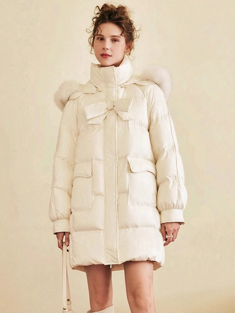 OLrain الحلو مقنعين أسفل سترة المرأة شتاء 2025 جديد الفرنسية طويلة أسفل سترة الصلبة القوس تصميم فضفاض المعاطف الدافئة O22DY59033 #2