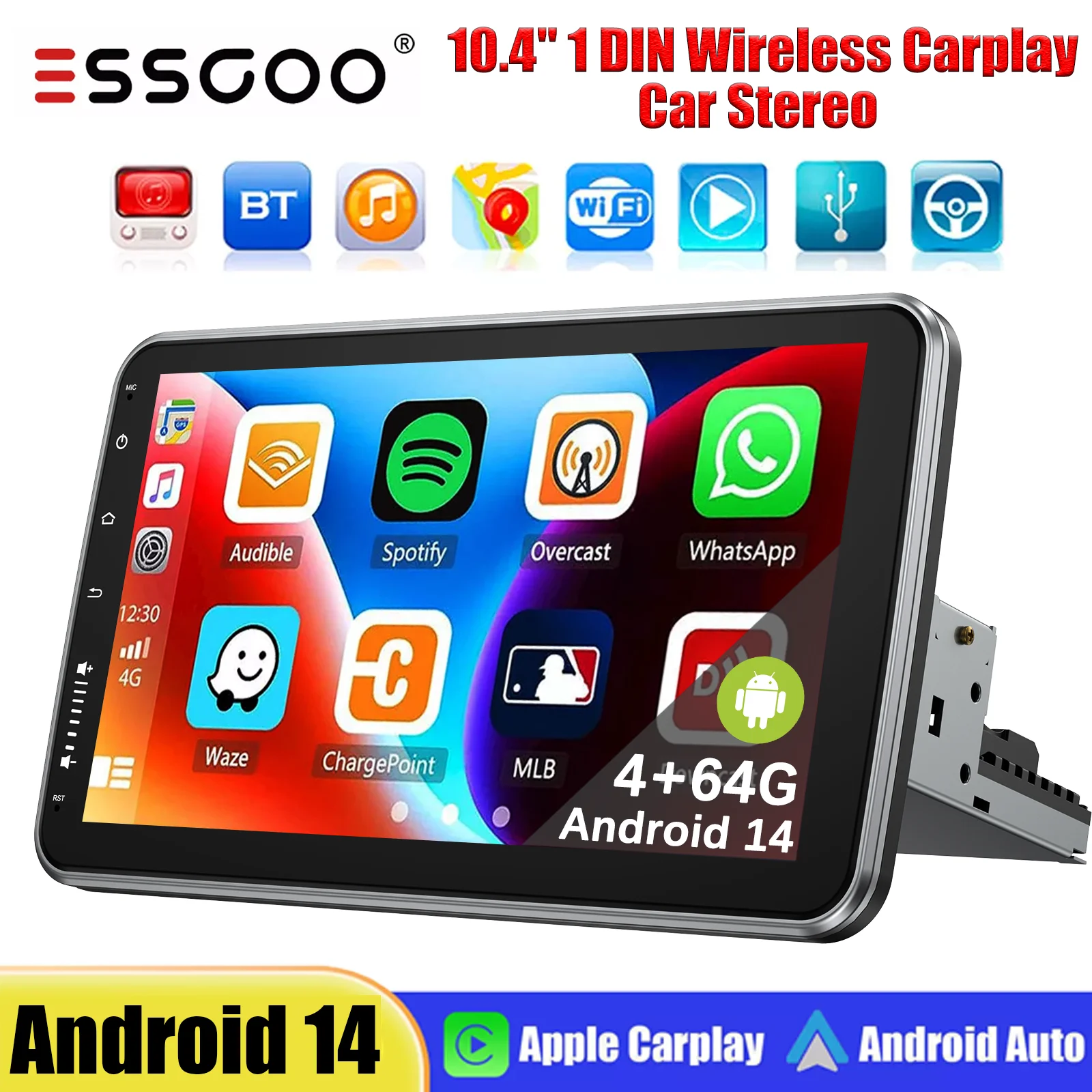 ESSGOO 10,1 pulgadas 4 + 64GB pantalla táctil IPS giratoria individual 1 DIN estéreo de coche inalámbrico Apple Carplay Android Auto FM Bluetooth GPS