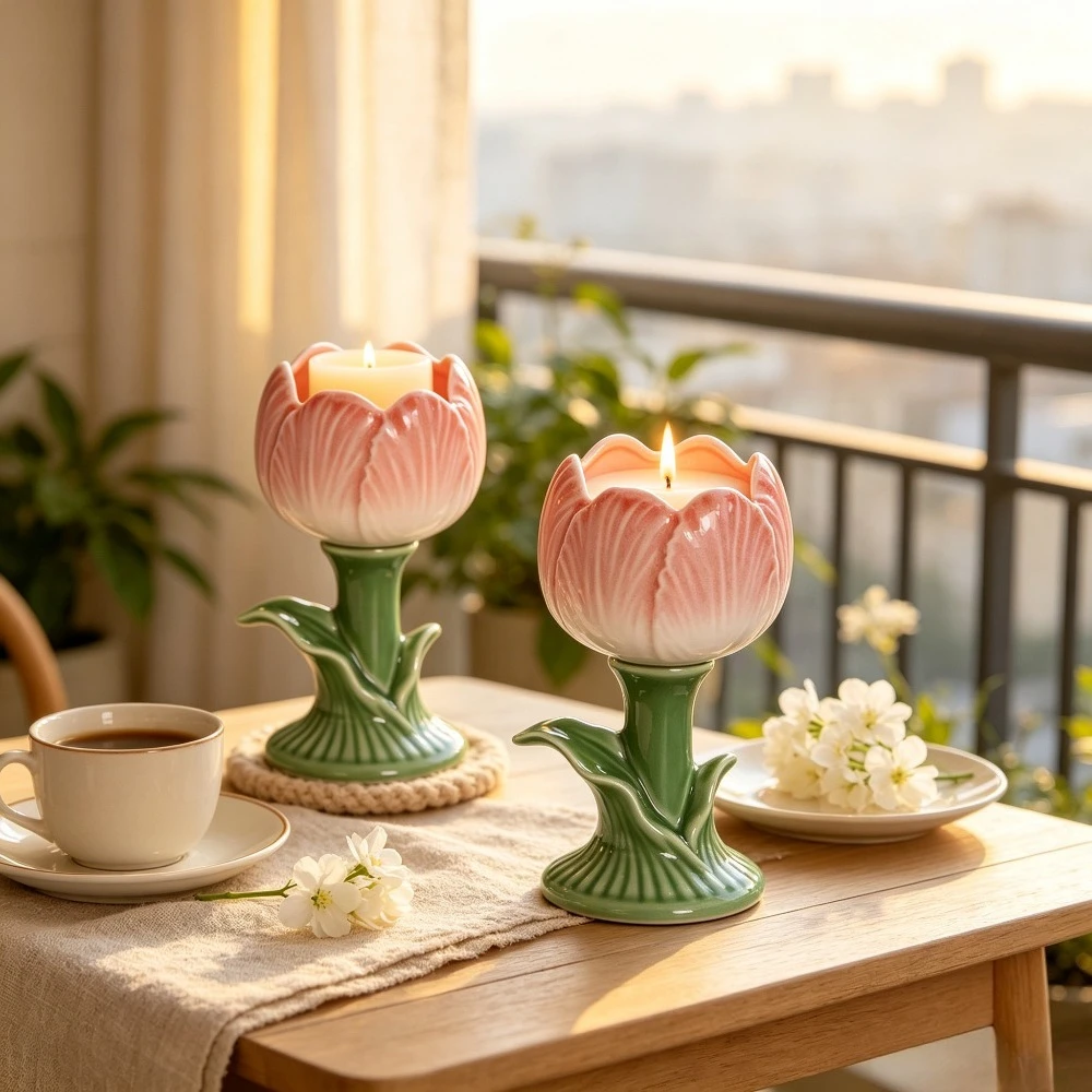 Pink Tulip Ceramic Candle Holder Floral Stem Candlestick Tabletop Tealight Holder for Wedding Home Room Decor