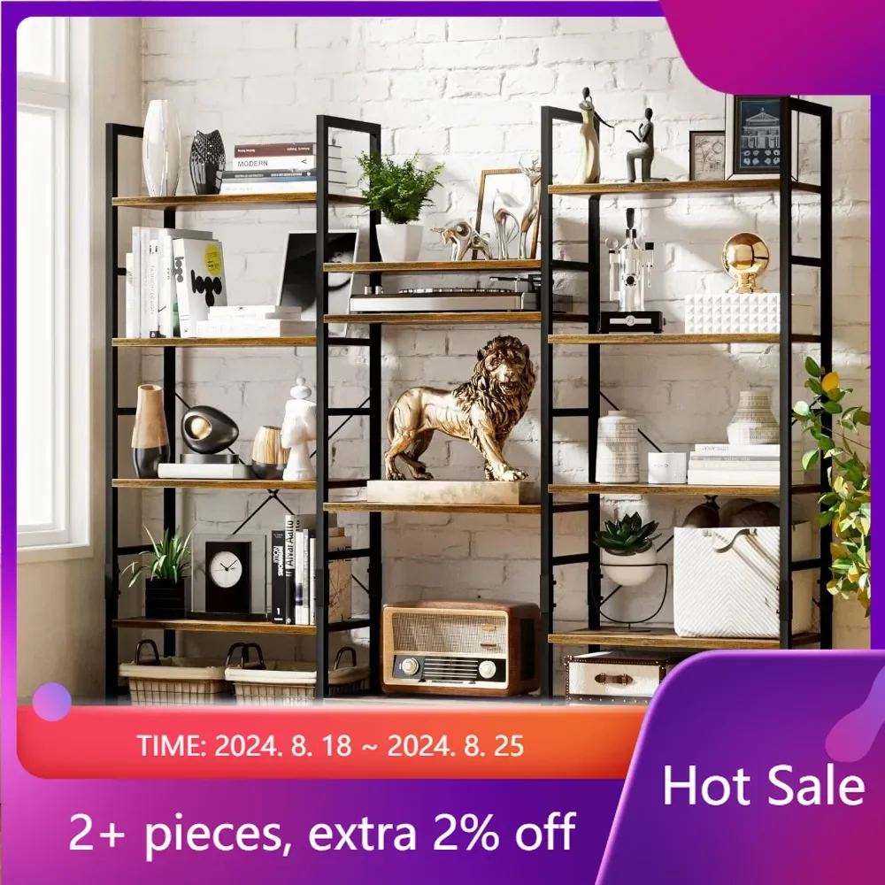 Triple Wide 5 Tier Bookshelf Rustic Industrial Style Bookcases With 14 Open Display Shelves Wall Shelf Storage Bookcase Books