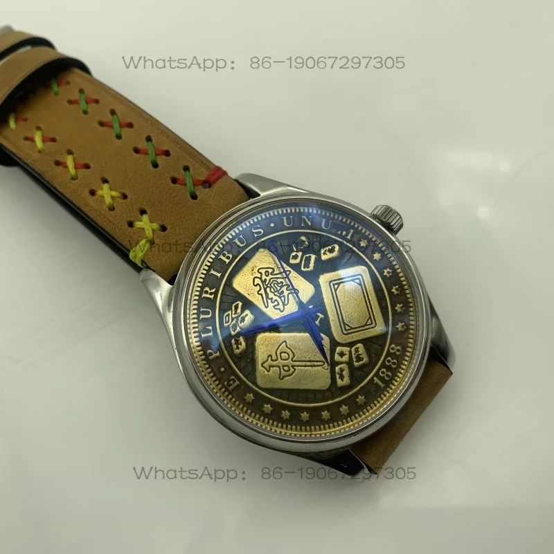 Handmade Mahjong Bronze Dial, Fully Automatic Mechanical Watch, Personalized Watch, Genuine Leather