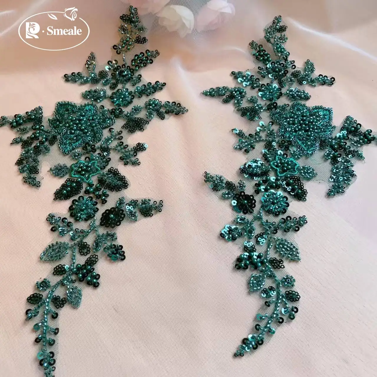 10-farbige Perlen-Pailletten 3D-Aufkleber Spiegelblume. Spitzenstoff Abendkleid. Applikations-Patch-Dekoration für Brust und Rücken – Detail 6