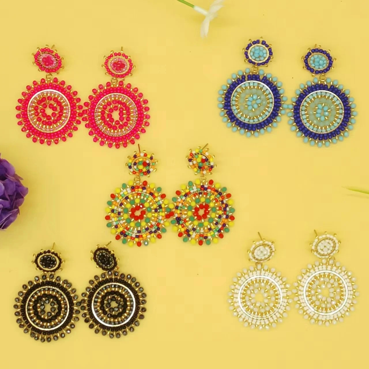Beaded earrings Originality Roundness Crystal Sunflower Hand knitting Bohemia Alloy Tide Simple Rice bead earrings