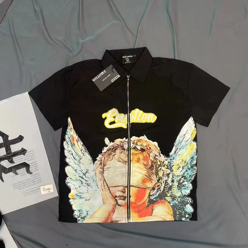 

Летняя дышащая тканая быстросохнущая рубашка на молнии MIXED EMOTION для мужчин и женщин, повседневная рубашка для пар, детская рубашка с буквенным принтом ангела и логотипом