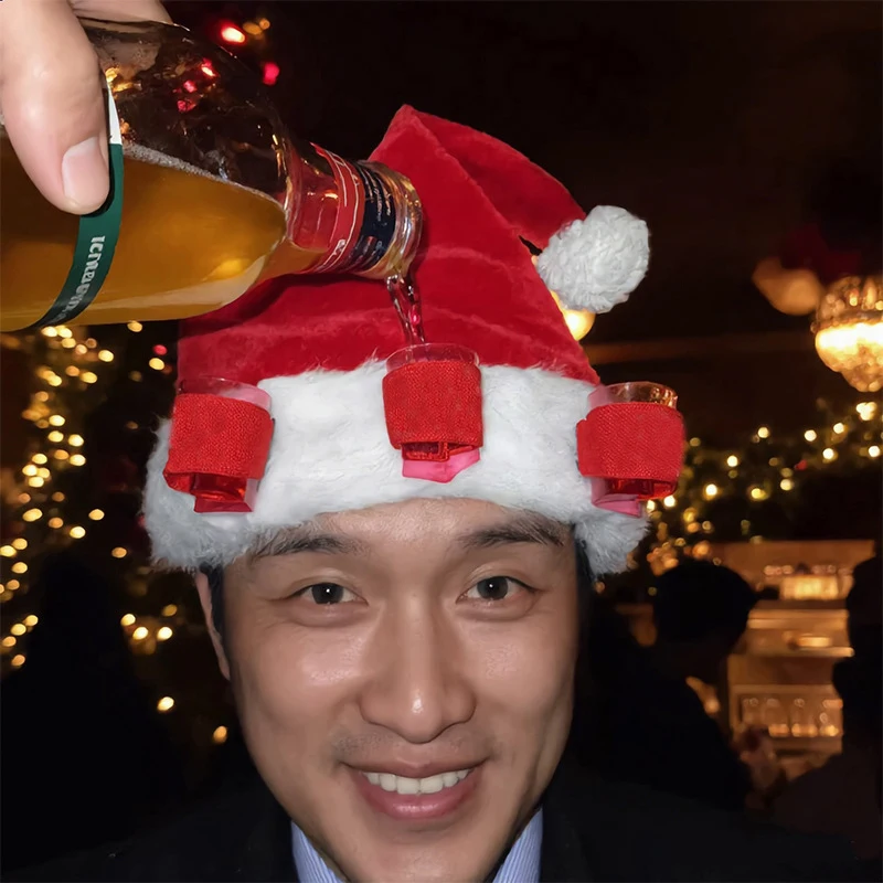 Soft Christmas Santa Hat Bright Red Interactive Design Holiday Hat With Cups Lightweight Fabric Elastic Band Party Cap