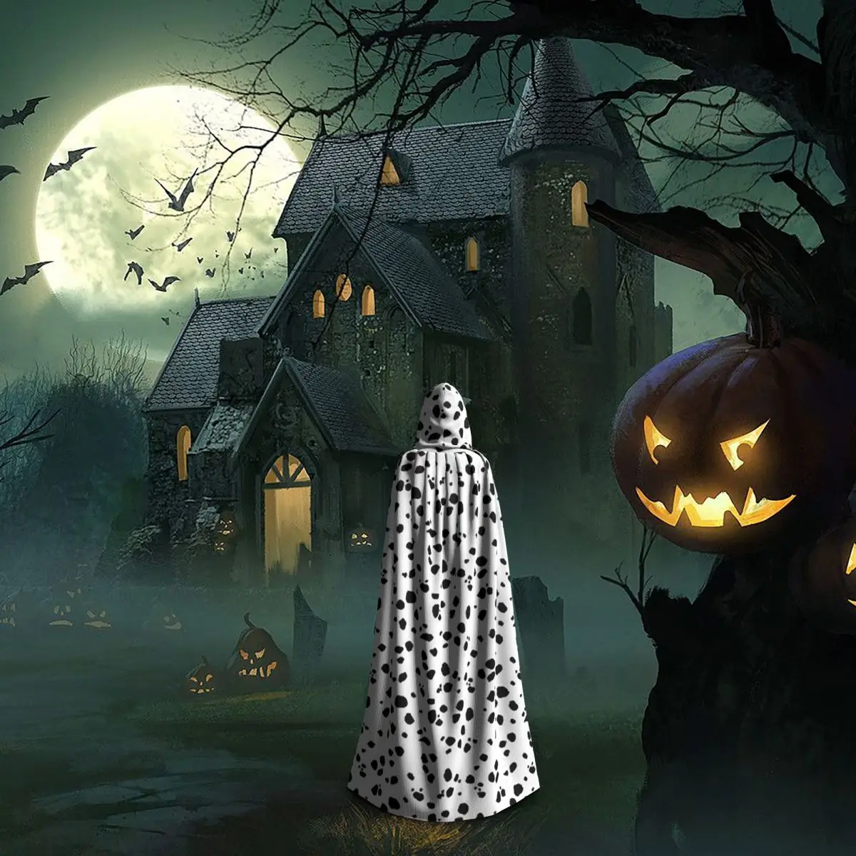 Cute Spots Dots Dalmatian Dog Print Long Hooded Cloak Witch Medieval Costume Cosplay Cape HalloweenVampire Adult Unisex
