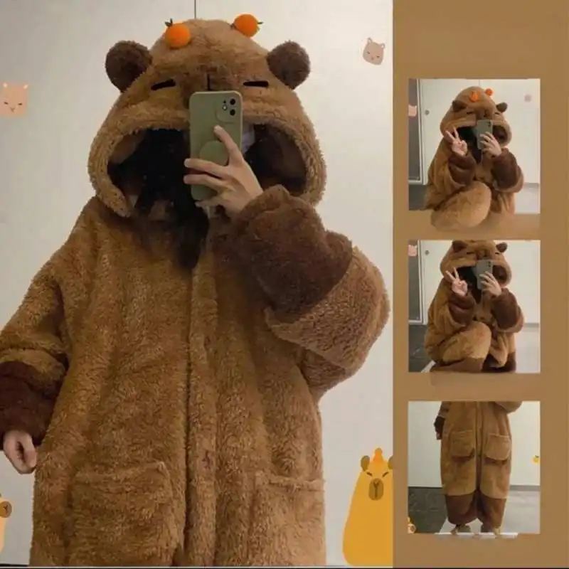 Kawaii Capybara Winter Pajama Cartoon Animal Soft Plush Jumpsuit For Adults Cute Velvet Pajama Night Robe Cosplay Suit Gifts