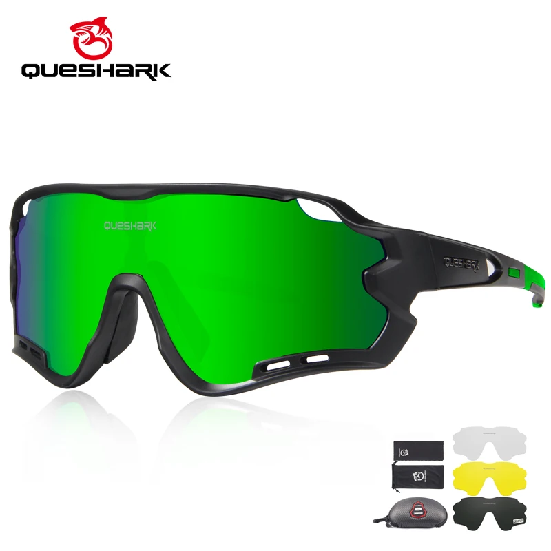 QUESHARK Mirror Polarized Cycling Eyewear Men Women Sport Sunglasses Riding Bicycle Goggles Road MTB Bike Glasses 4 Lens/Set