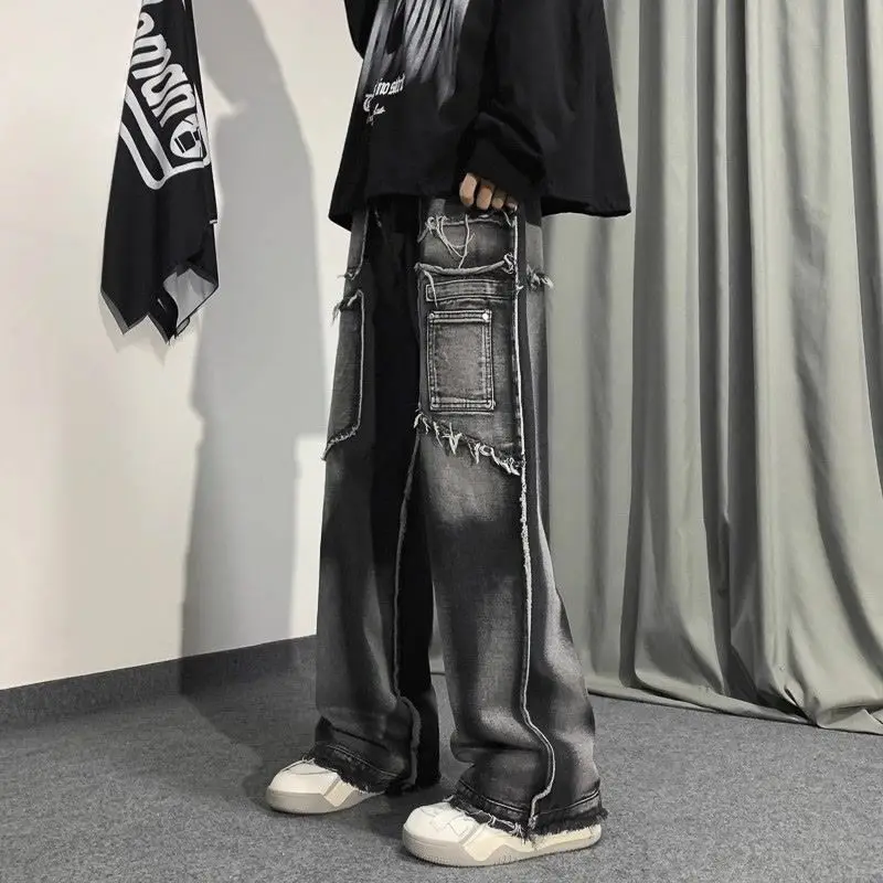 Mens Jeans Gradient Tie Dye Denim Pants Harajuku Unisex Loose Fit Wide Leg Raw Hem Cargo Streetwear Hip Hop Fashion Trend New