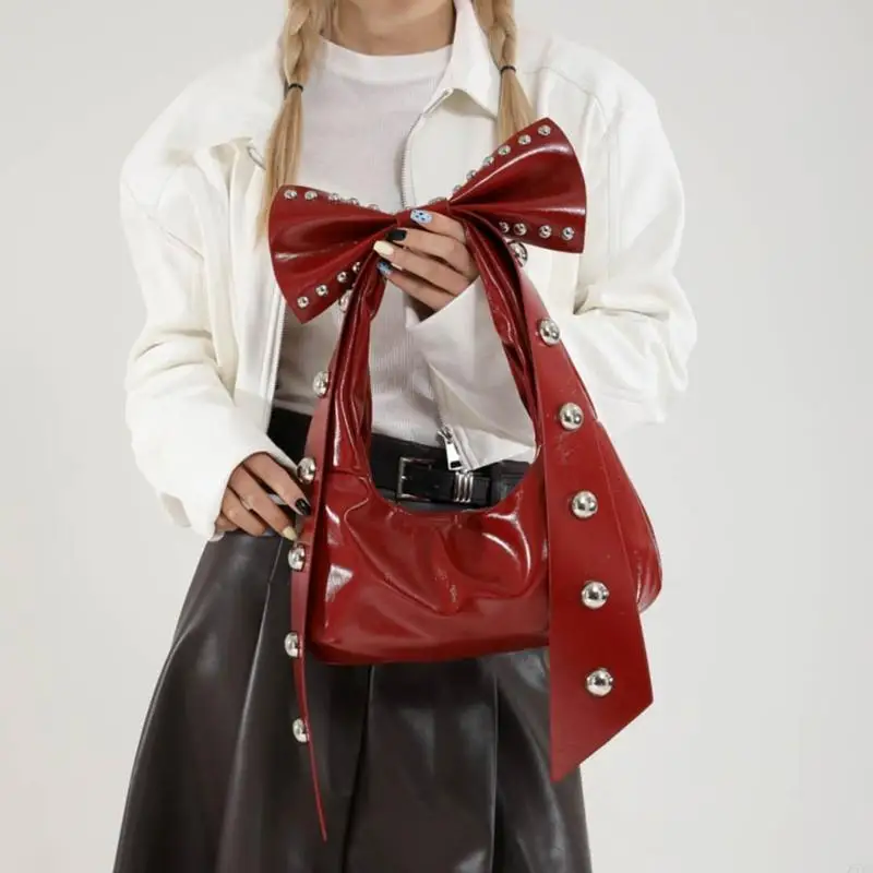

Rivets Bow Y2K Hobos Handbag and Purses for Women Trendy Shoulder Bag with Removable Bow Ladies PU Leather Armpit Bag