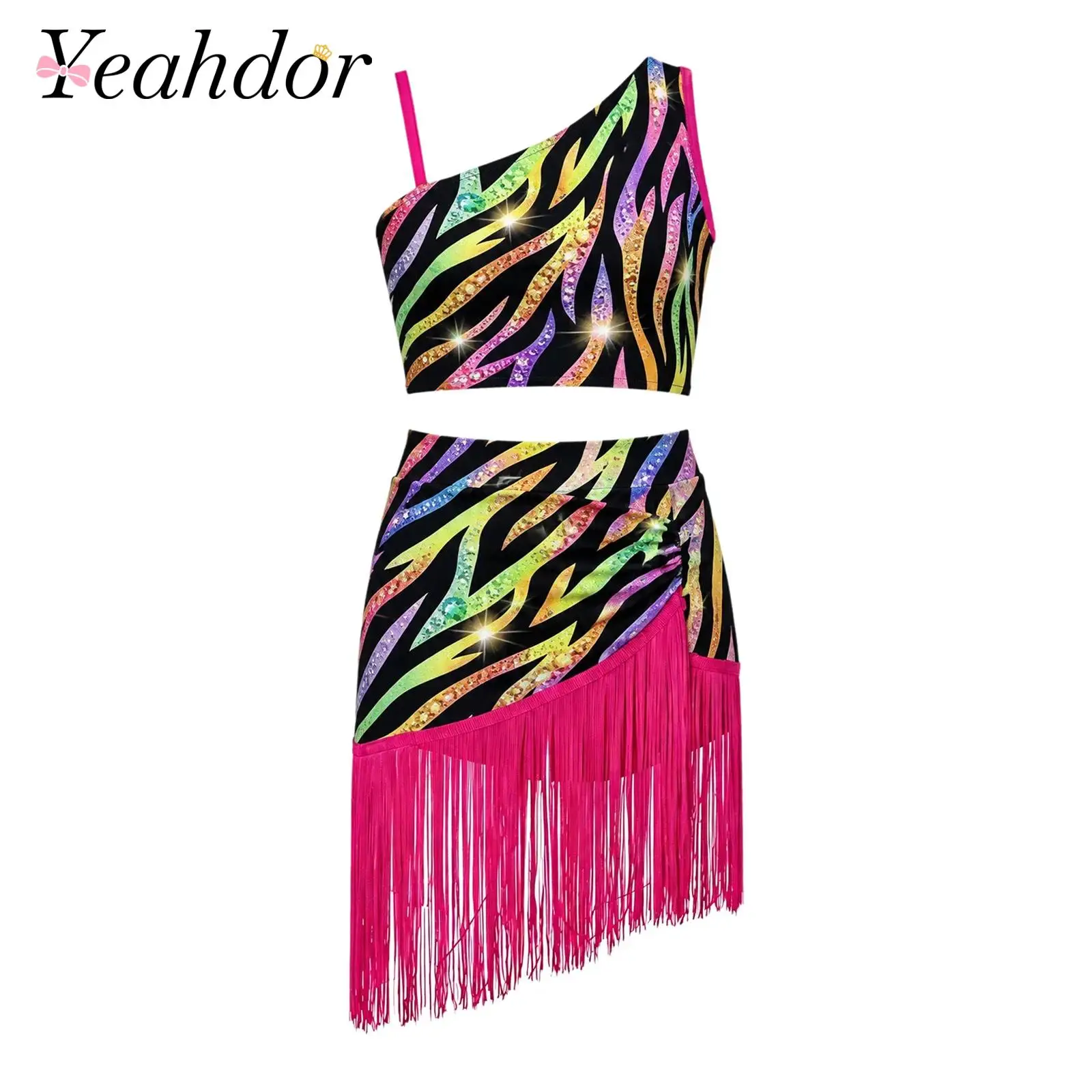 Kids Girls Latin Dance Outfit Leopard Print One Shoulder Crop Top with Tassel Skirt Tango Cha Cha Samba Dance Practice Clothing
