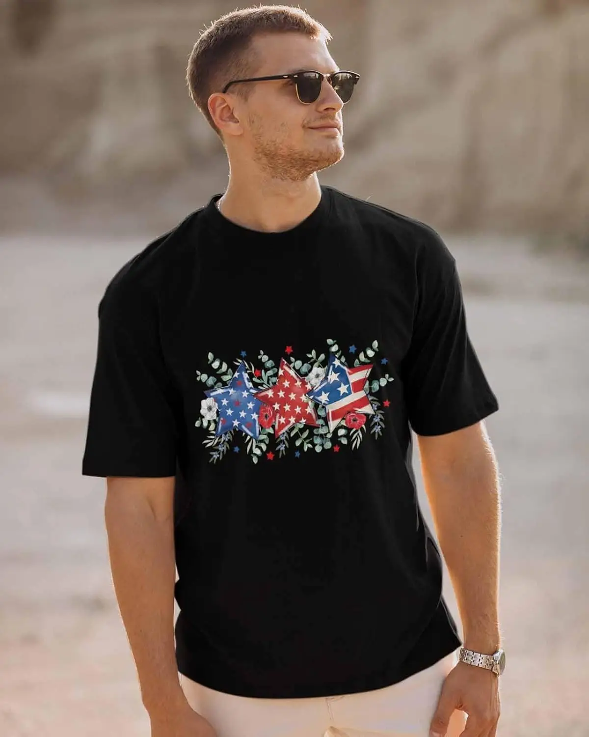 Men's T-Shirt, Novelty Graphic T-Shirt USA Flag Red Blue Stars Eucalyptus Leaves Cotton Crew Neck Men's Short