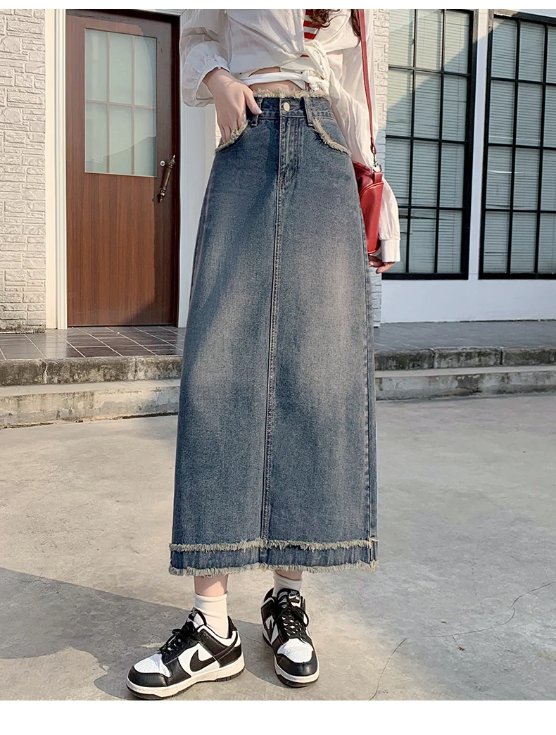 

Ins CHIC Korean Tassels Edge Denim Long Skirts For Women Vintage Blue Washed A-Line Bottoms College Girls