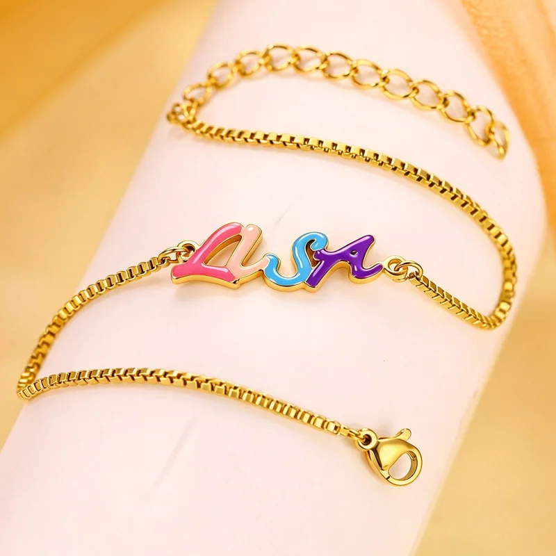 Auxauxme Custom Colorful Name Bracelet for Women Stainless Steel Personalized Rainbow Color Enamel Letters Bracelet Jewelry Gift