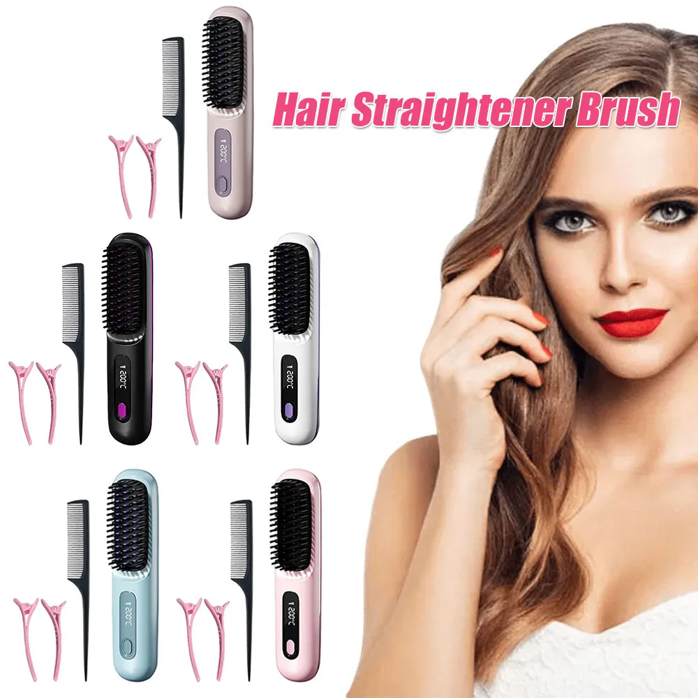 

Cordless Hair Straightener Brush Anti-Scald Electric Hot Comb 3 Temp Settings Portable Straightening Brush Gift for Women