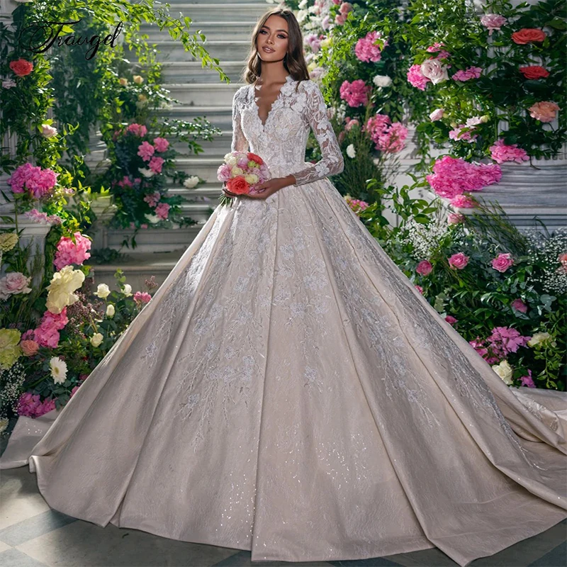 

Graceful Wedding Dress Embroidered Lace With Sequins Ball Gown Sleeveless O-Neck Customized Bridedress Lace Up Vestido De Novia