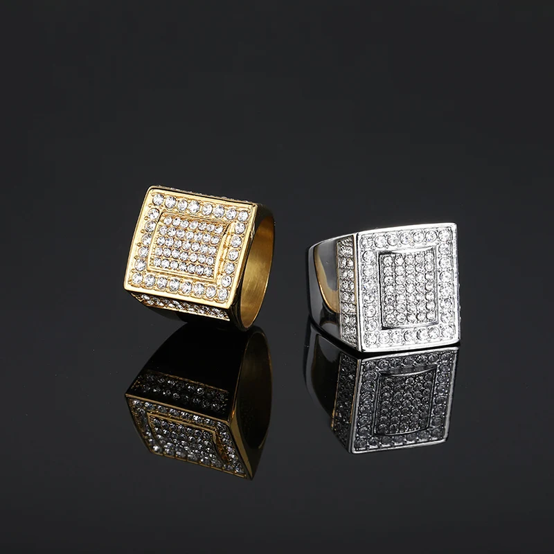 HIP HOP Bling Iced Out Gold Color Titanium Steel Geometric Square Rings for Men Rock Jewelry Drop Shipping