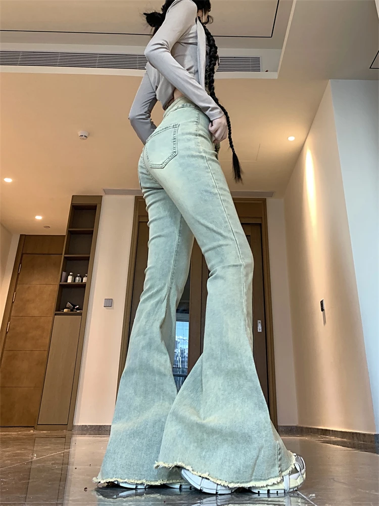 Women's Fish Tail Edge Design Slim Flared Pants Cool Girl High Waisted Streetwear Fashion Pants Female Vintage Denim Trouser
