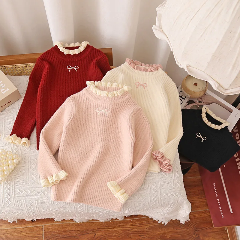 

Girls' Sweater Autumn and Spring New Style Thickened Bottom Slimming Half High Neck Princess Style Knitted Sweater