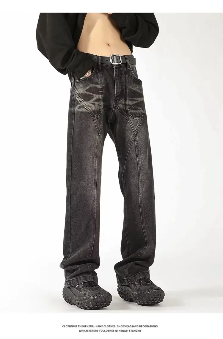 Washed Micro Flared Jeans for Men Straight Casual Baggy Denim Trousers Split Wash Jeans for Men Distressed Streetwear Y2k Men’s