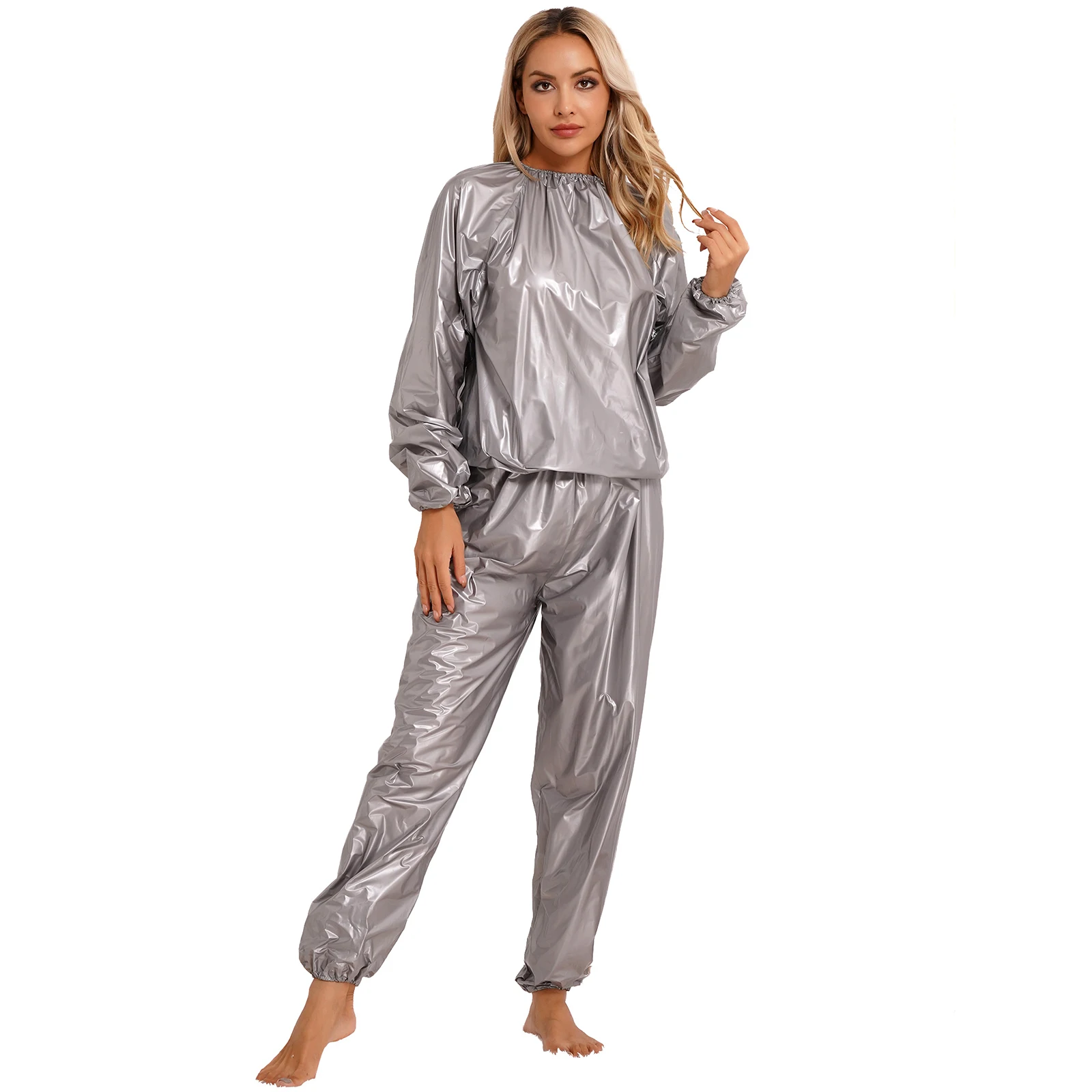 PVC Sauna Sports Suit Mens Womens Long Sleeve Elastic Cuff Top+Pants Set Weight Loss Sweat Suit Fitness Gym Workout Suit L-4XL